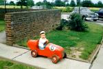 Boy, Driving, Pedal Car, Race Car, brick wall, 1940s, PLGV03P14_08