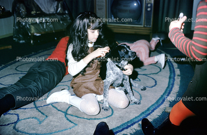 Girl Grooming a dog, rug, 1960s