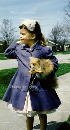 Easter Girl with her Dog, coat, hat, 1950s