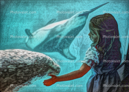 Girl with a Seal and Dolphin, interspecies, caring, gentle, water, underwater