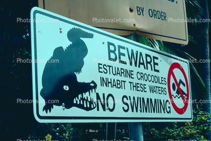 Beware of Estuarine Crocodiles, No Swimming, Sign, Signage