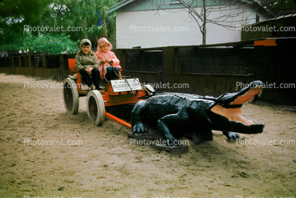 Two Girls on a Gator Pulled Cart, Saint Augustine Alligator Farm, 1950s