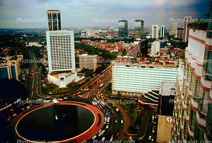 Traffic Circle, cars, Skyline, Building, Skyscraper, Downtown, smog, highrise, Jakarta Cityscape, automobile, vehicles