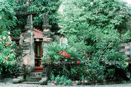 Entrance, steps, flowers, garden, statues, trees, jungle, Denpasar Bali