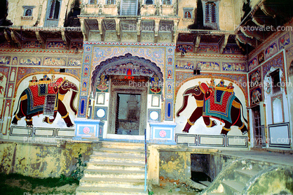 Elephants, stairs, door, entrance, unique, Building, tilework, tile, steps, Mandawa