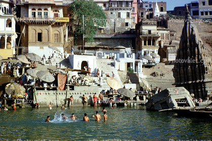 People bathing, Ganges River, Buildings, Temples, Varanasi, Benares