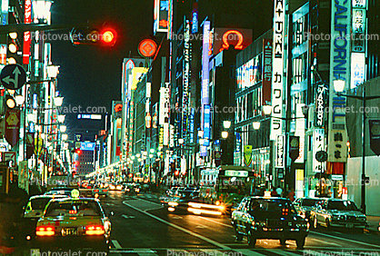 Neon Signs, Highrise Buildings, shops, night, nighttime, Ginza District