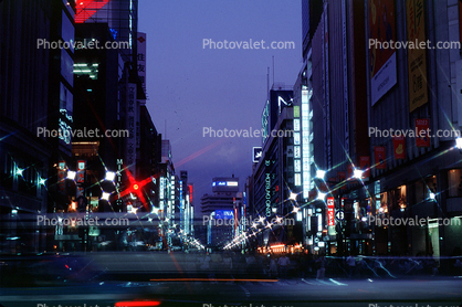 Highrise Buildings, shops, night, nighttime, Ginza District, Tokyo, dusk, dawn, twilight, glitz