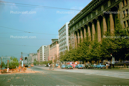 Street, cars, trolly, buildings, 1950s
