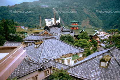buildings, rooftops, pagoda, hills, mountains, Hakone