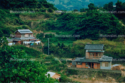 Homes, houses, buildings, mountains, Sasebo Saga, 1950s