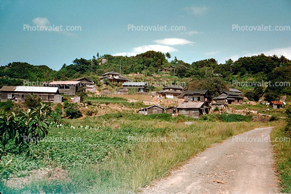 Village, Homes, buildings, dirt road, hill, Sasebo Saga, unpaved, 1950s