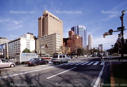 skyline, downtown, buildings, cars, street, crosswalk, highrise, Hiroshima