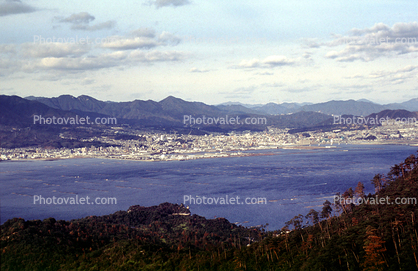 Skyline, bay, mountains, cityscape, Miyajima