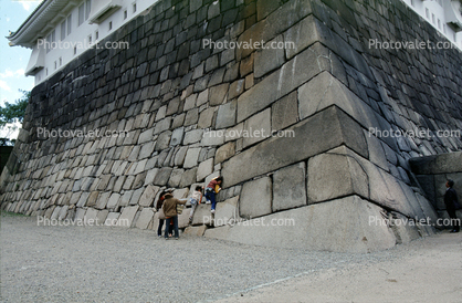 Wall Corner, kids climbing the wall, Brick, Stonework, Stone, Osaka Castle