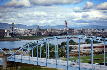 Osaka, Pipeline Bridge, arch, skyline, river