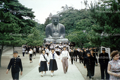 Buddha, vintage, schoolgirl, schoolboy, female, male, uniforms, trees, Kamakura, 1960s