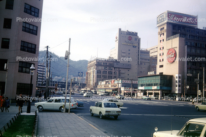 Coke, Coca Cola, cars, buildings, automobile, vehicles, Kobe, June 1970, 1970s