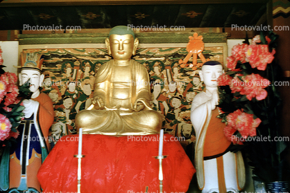 Korea Gangwon Woljeongsa Buddha, Statue, golden, shrine, flowers