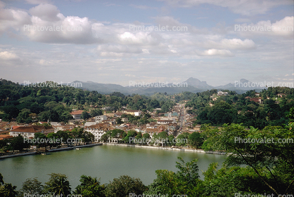 Kandy, village, lake, mountains, trees, buildings, skyline, clouds