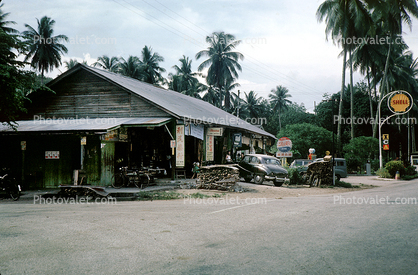 Shell Gas Station, building, street, 1950s