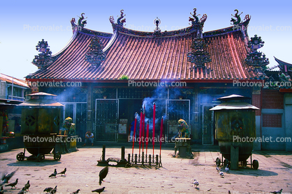 Giant pink joss sticks burning, Devotional incense sticks burning, Censer, Incense Burner, Koro, Buddhism, Goddess of Mercy Chinese temple Kuan Yin Teng, Georgetown, Penang