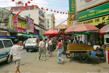 George Town Chemist, Food Stands, Crowds, Cars, Chinatown
