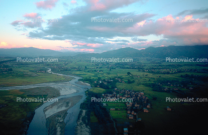 River, Valley, Hills, Homes, Houses, sunset, Kathmandu