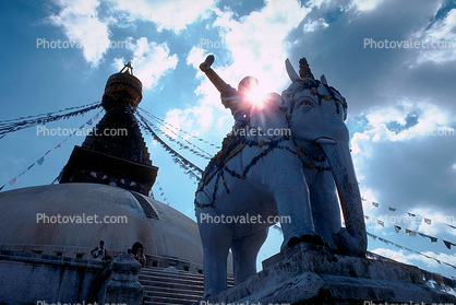 Elephant Statue, Flags, Stupa Boudhanath, Kathmandu, Sacred Place, Buddhist Shrine, temple, building