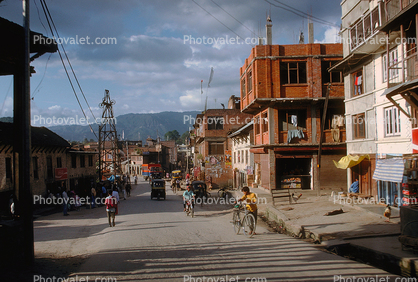 Street, road, triwheeler, buildings, shops, sidewalk, Kathmandu