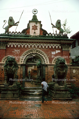 Entrance arch, lion statues, steps, Building, Kathmandu