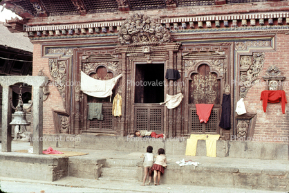 Temple, Woodwork, Door, Girls, Boy, Hanging Clothes, bell, bas-relief, building, Kathmandu