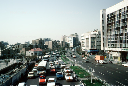 Crowded Boulevard, Cars, automobiles, vehicles, buildings, cityscape, buses