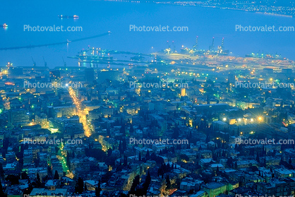 Port, Harbor, city, buildings, breakwater, Mediterranean Sea, Haifa, Dusk, Dawn, Twilight