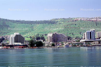 Tiberias, shoreline, hills, building, Sea of Galilee 