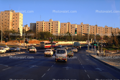 Cars, Highway into Jerusalem, Bus, Buildings, street signal light, arrows