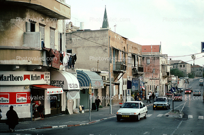 cars, street, automobile, vehicles, Marlboro cigarettes, buildings, shops, stores, Jaffa