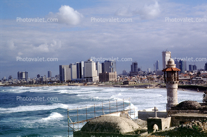 Mediterranean Sea, skyline, waves, Tel Aviv from Jaffa