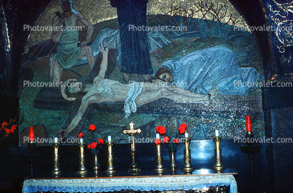 Jesus Christ, Altar, candles, tilework, Church of Nativity, Bethlehem