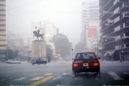 statue, smog, Cars, automobile, vehicles, statuary, landmark, Buenos Aires, Dystopia