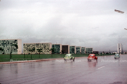 Volkwagen bugs in the rain, Cityscape, Buildings, Skyline