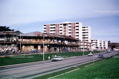 Highway, cars, buildings, roadway, September 1967, 1960s