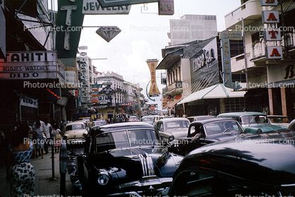 Buildings, Cars, automobile, vehicles, sidewalk, shops, stores, Downtown Panama City, 1950s