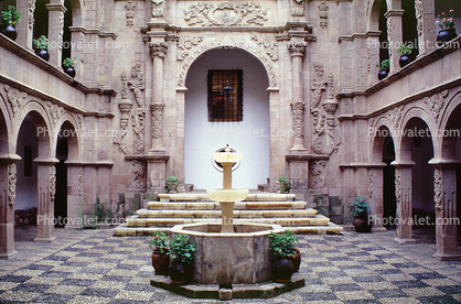 Water Fountain, aquatics, steps, altar, checkerboard floor, arches