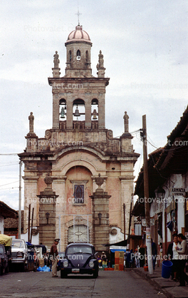 Volkswagen beetle, Church Building, bell tower, carillon, Patzedro, Michoacan