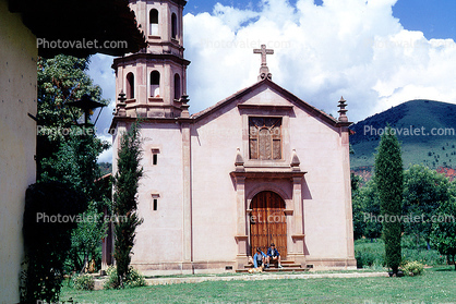 Boys, Dog, Church Tower, Cross, building, Patzcuaro, Guadalajara