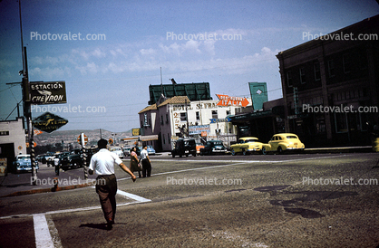 Chevron gas station, Cars, automobile, vehicles, Tijuana, August 1954, 1950s