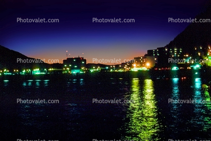 Night, nighttime, cityscape, sunset, water reflections
