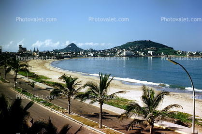 Beach, Palm Trees, water, sand, hills, bay, street, Acapulco