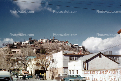 Cars, shops, stores, Homes on a hill, houses, buildings, 1950s